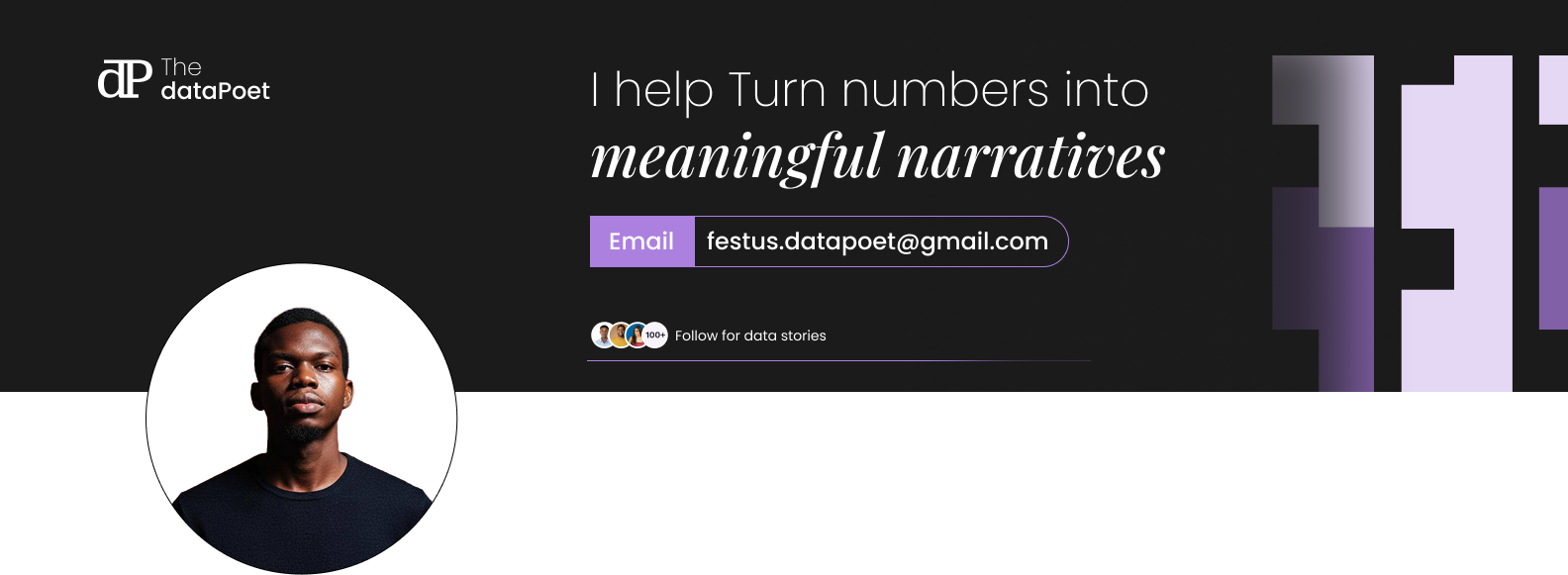 The Data Poet LinkedIn banner featuring the dP logo, tagline, portrait of Festus Nnadozie, and brand pattern.